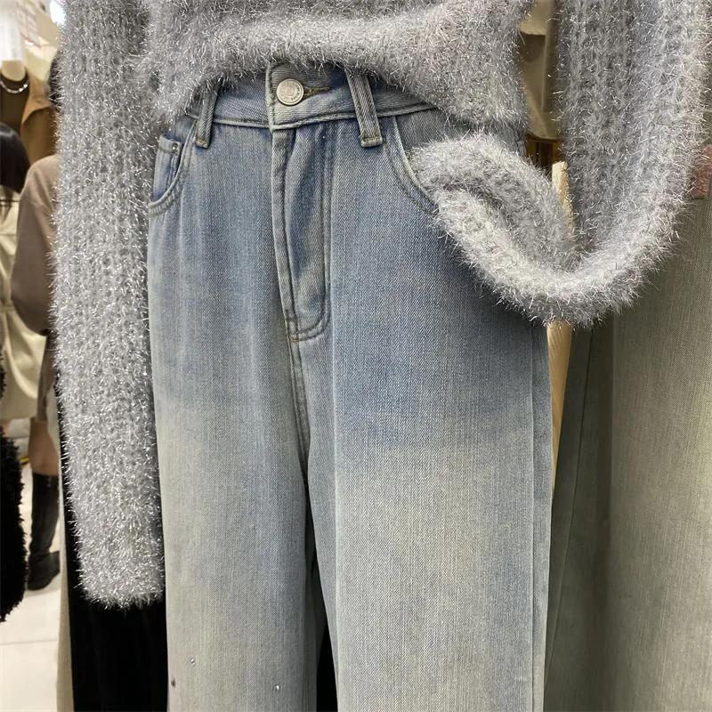 WTEMPO Spring Autumn Rhinestone Large Size Long Straight Denim Pants Women's Solid Color Casual Versatile Loose Jeans