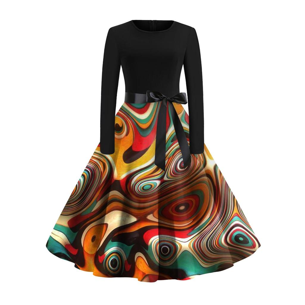 Женское расклешенное платье с принтом для женщин, платье с длинным рукавом, вечерние повседневные платья