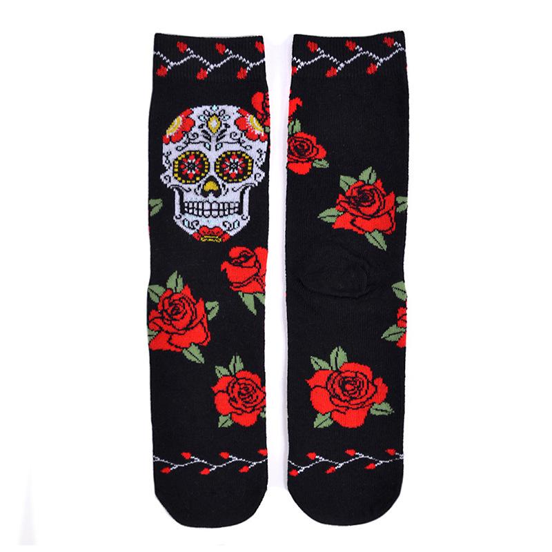 Fashion Harajuku Skull Rose Crew Socks Unisex Women Men Couple Black Cotton Retro Boho Hip Pop Street Socks Gift Bulk