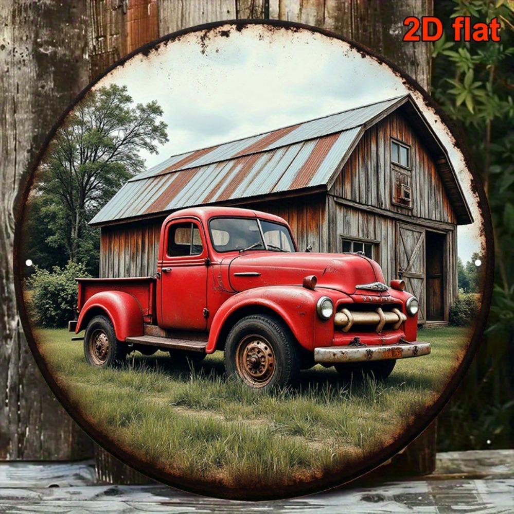 D Metal Sign Retro Red Truck Barn Farmhouse Wall Decor Rustic Round x Inch Aluminum Metal Sign for Kitchen Living Room Bar O