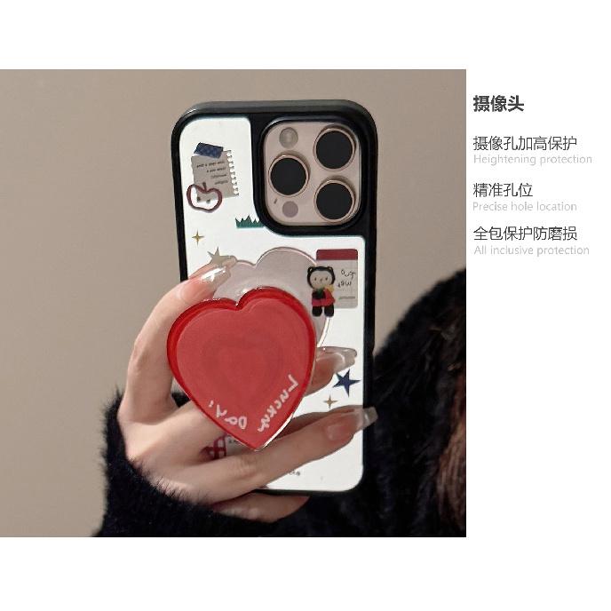 Korean-style cartoon case suitable for iPhone 16, 17 Pro Max, iPhone 14, mirror finish, 13, heart-shaped stand, 15