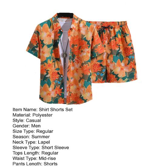 2 шт./комплект мужской пляжный наряд однобортная рубашка с лацканами и коротким рукавом эластичный шнурок на талии широкие шорты комплект