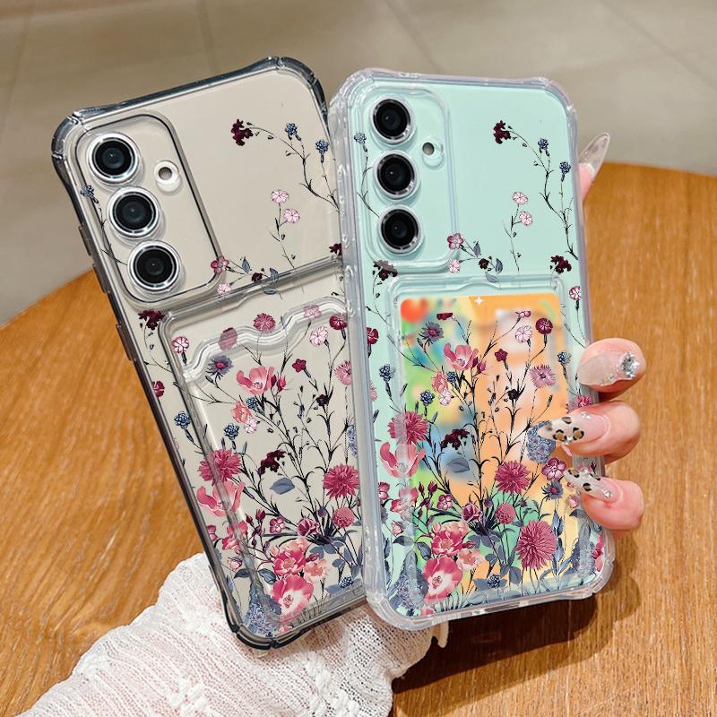 Модный цветочный принт ударопрочный прозрачный силиконовый чехол для Samsung S24 FE S23 Ultra S22 A16 A15 A55 A35 A54 A14 слот для карт мягкий прозрачный чехол для телефона