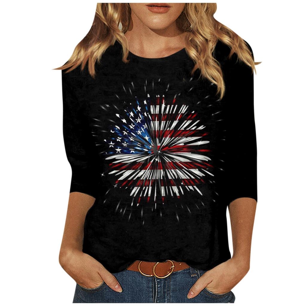 Women's Fashion Casual Three Quarter Sleeve Independence Day Print Round Neck Pullover Top Blouse