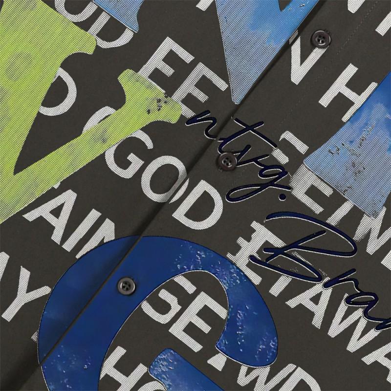 Mens Long Sleeve Shirt Graphic Letter Print Loose Fit Street Style Casual Button Up