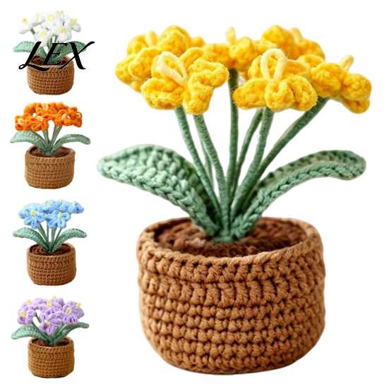 Crochet Flower Gift for Her Crocheted Potted Plant, Artificial Yarn Ornament, Vibrant Multi-color Birthday And Anniversary Knitted Desktop Plant