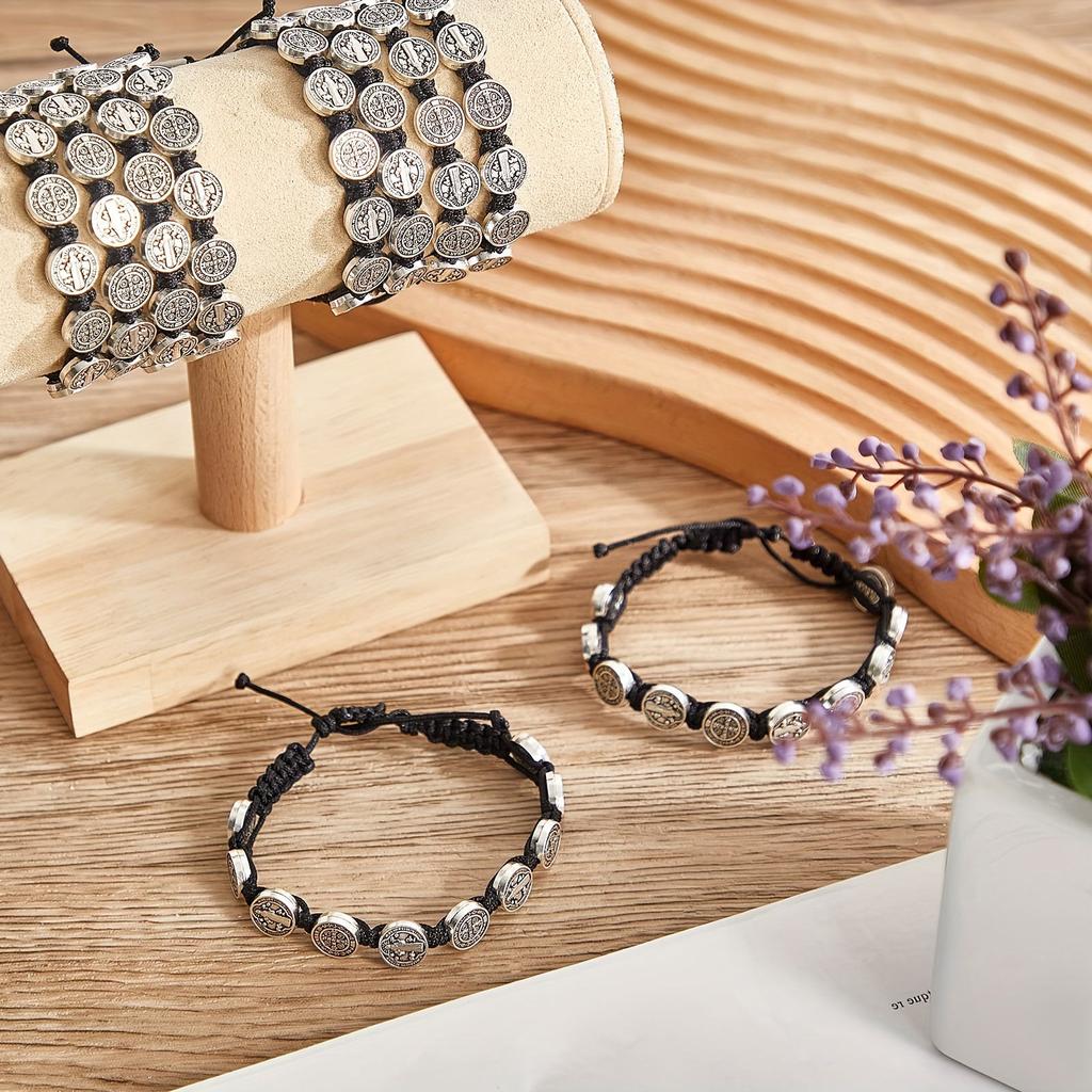 Pack Of 12 Adjustable Saint Benedict Medals Bracelets Woven Adjustable Wristchains Spiritual Jewelry for Men and Women