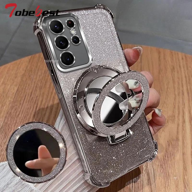 Противоударный чехол с гальваническим покрытием для Samsung Galaxy S25 S24 S23 S22 S21 S20 FE Ultra Plus 5G Зеркальная магнитная подставка-держатель