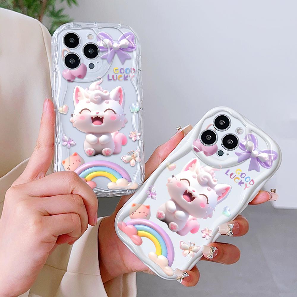 For iPhone 16 15 14 13 12 Samsung S24 S23 S22 A06 A13 A14 A15 A16 A55 Redmi Note 13 12 Lovely Cartoon Cat Pattern Soft Shockproof Wave Edge Phone Case