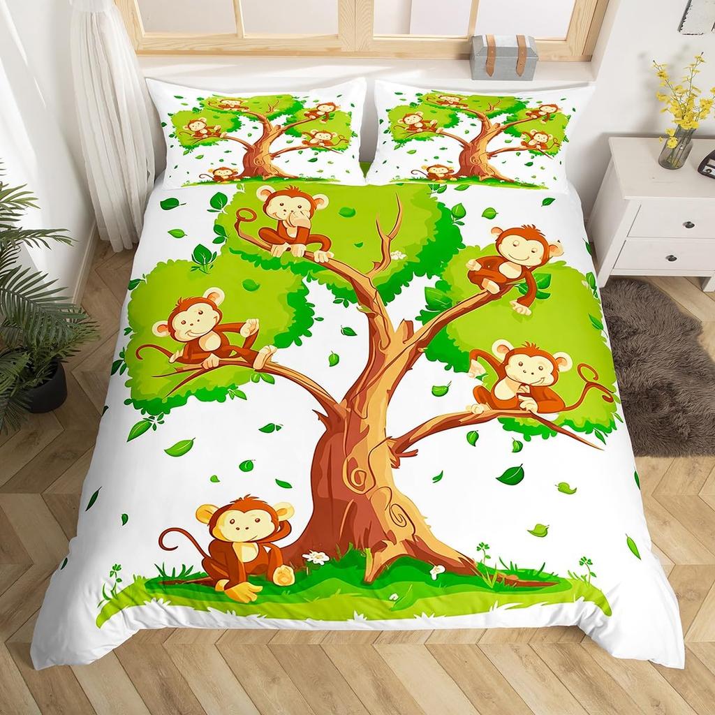 Комплект постельного белья с милой обезьянкой, двойной, с рисунком банана, звезд, пододеяльник с изображением тропических диких животных и фруктов, желтый пододеяльник