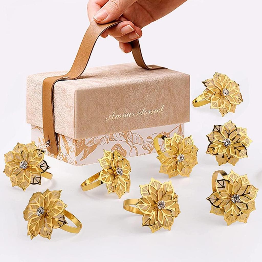10pcs Napkin Rings Alloy Hollow Out Flower Napkin Holder Dinning Table Napkin Ring for Dinner Parties Wedding Banquet Family Gatherings Table Decor