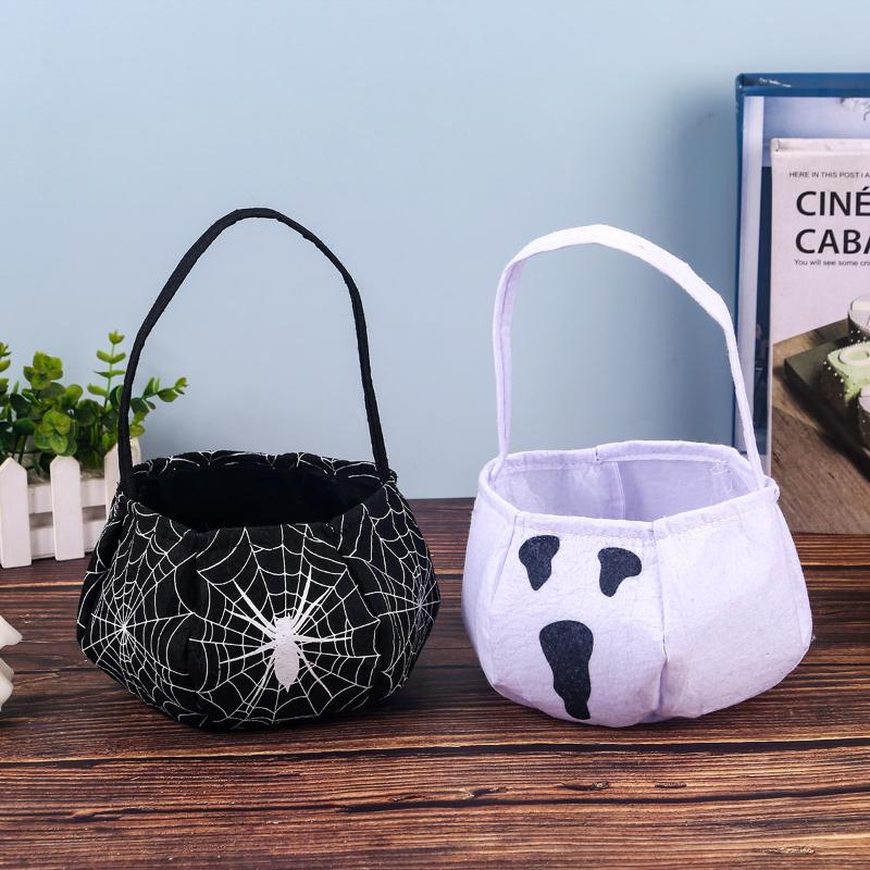 Large Capacity Halloween Goodie Bag, Non-Woven Trick or Treat Basket with Spider Handle – Pumpkin Ghost Black Cat