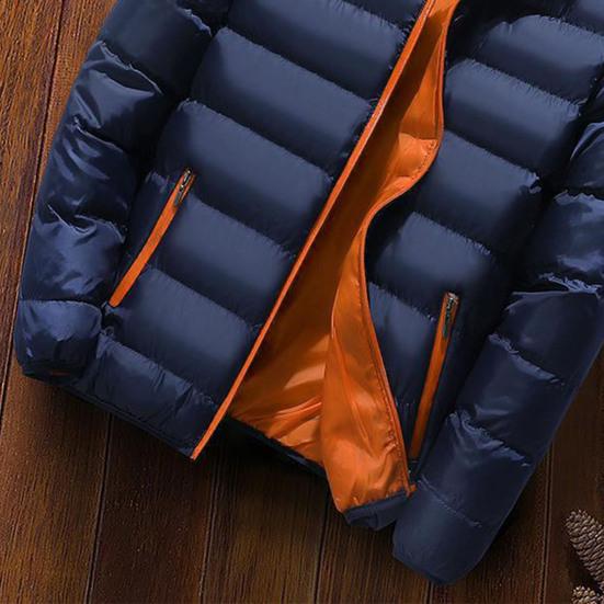 Men Winter Coat Padded Thick Solid Color Zipper Closure Stand Collar Long Sleeve Windproof Soft Warm Cold Resistant Men Jacket