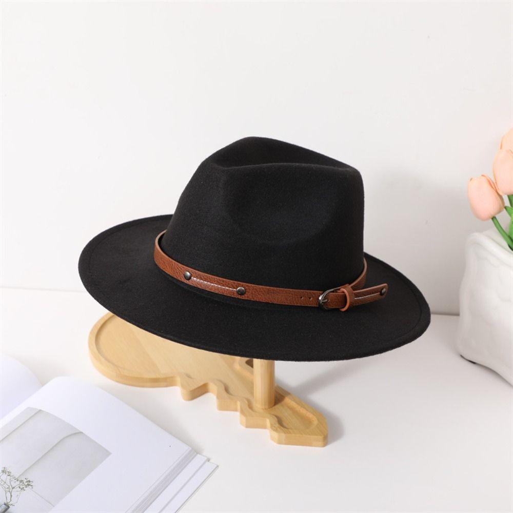 Wide Brim Felt Fedora Hats With Belt Buckle Cowboy Cap Fashion Panama Cap  Men Women