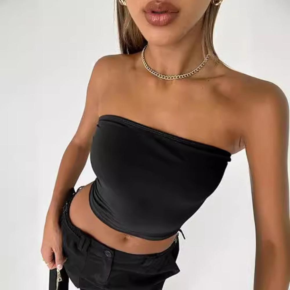 Женский strapless укороченный топ-камисоль в стиле Y2K - Однотонный черный, без рукавов, летний топ для повседневной носки
