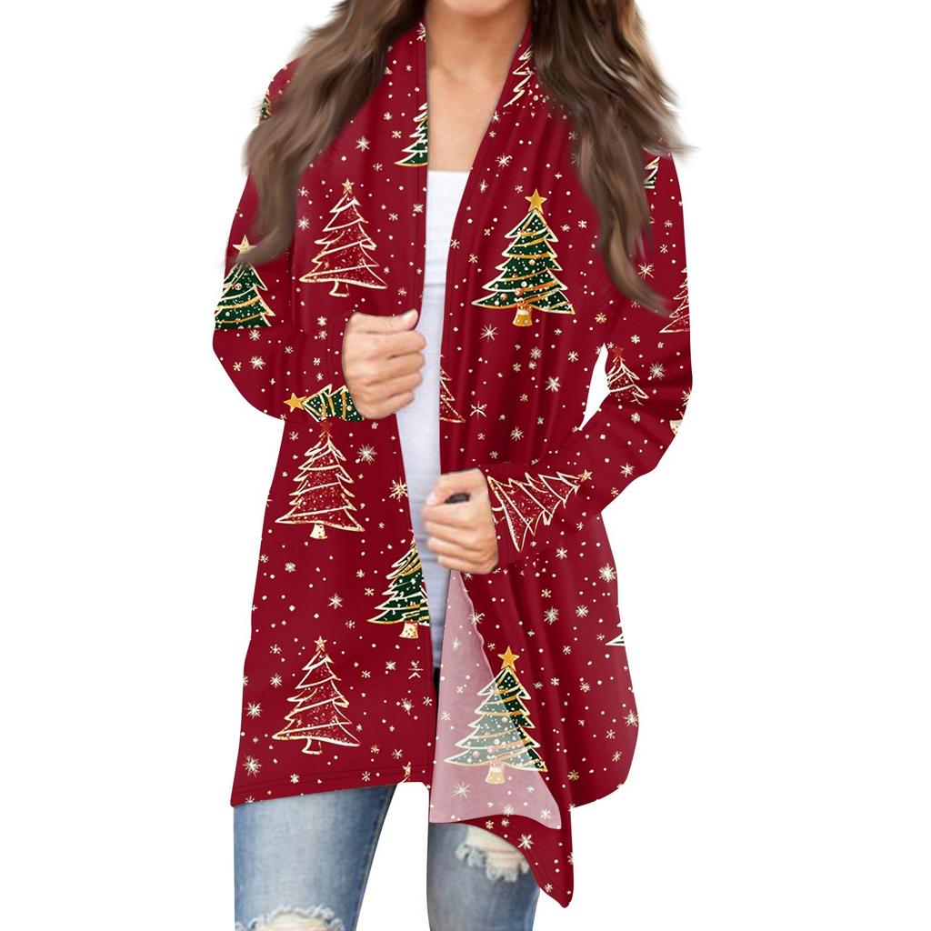 Women's Fashion Christmas Print Jacket Long Sleeve Casual Cardigan Coat