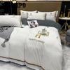 4pcs/set Light Luxury Solid Color Embroidered Bedding Set Sanding Washed Cotton Spring and Autumn Comfortable and Soft Sheets Four-piece Set