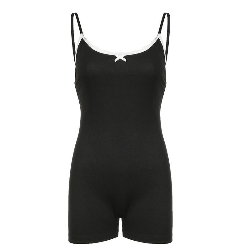 Европейский и американский женский облегающий комбинезон на подтяжках Y2K с кружевной вставкой, бантом и однотонной расцветкой