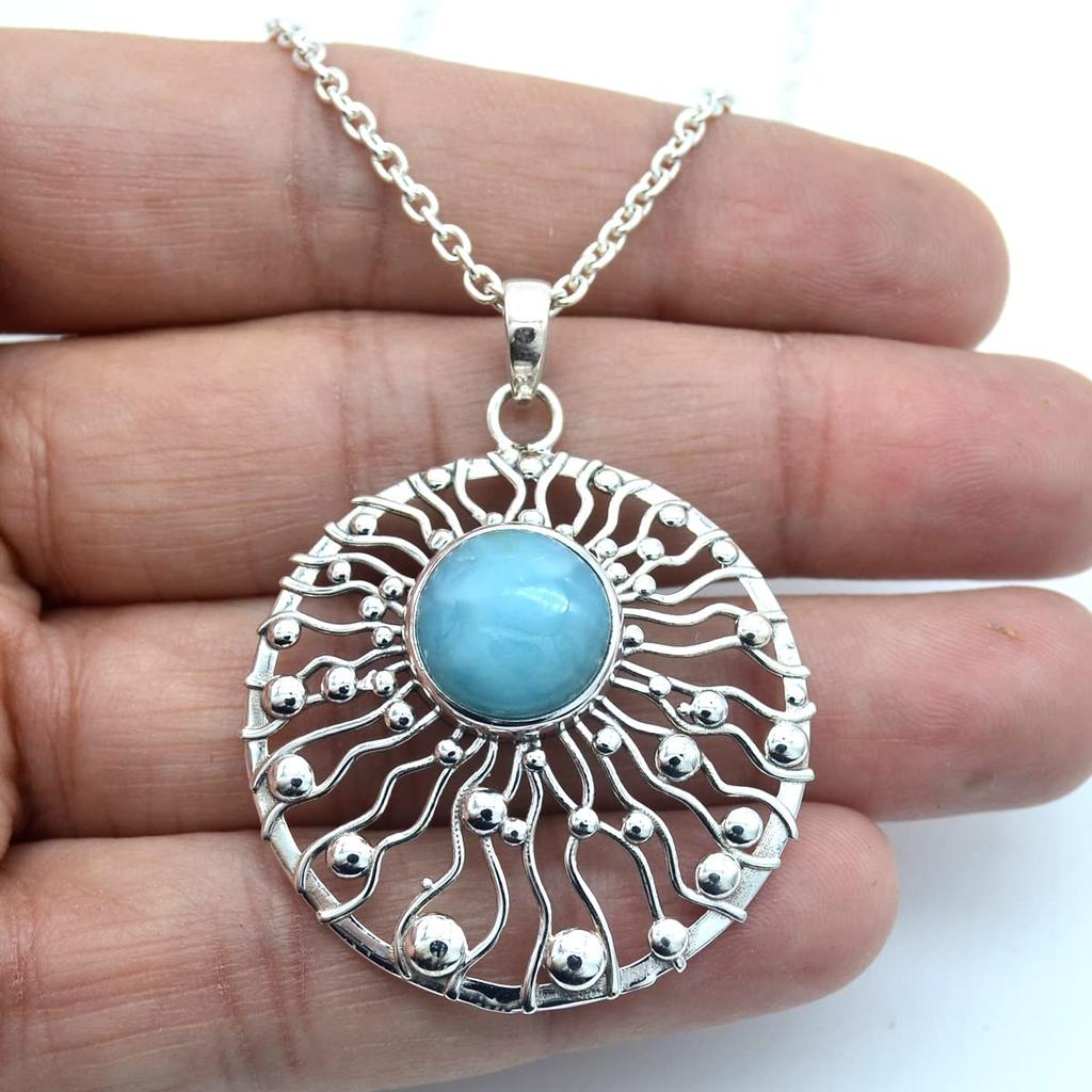 Круглый Кабошон Ларимар (4,80 карата) Ожерелье с подвеской Твердая подвеска из стерлингового серебра 925 пробы с цепочкой Ювелирные изделия для женщин или девочек
