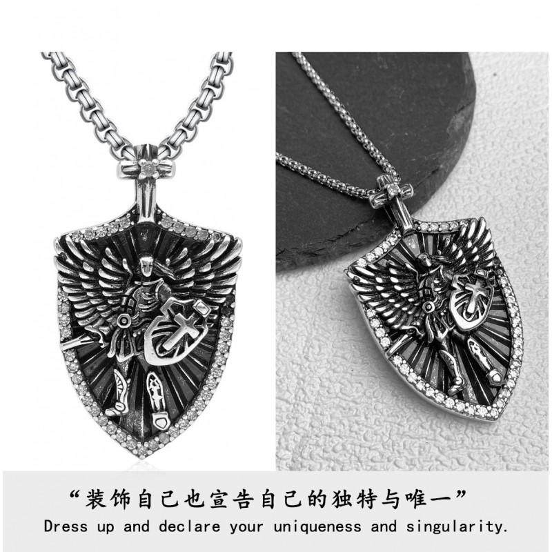 Dark Gothic Angel Shield Pendant Necklace Men Women Heavyweight Copper U-Shaped Statement Piece With Wing Motif Vintage