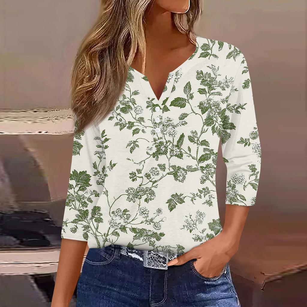 Женская модная повседневная футболка с v-образным вырезом и декоративными пуговицами, рукавом три четверти, с цветочным принтом, топ