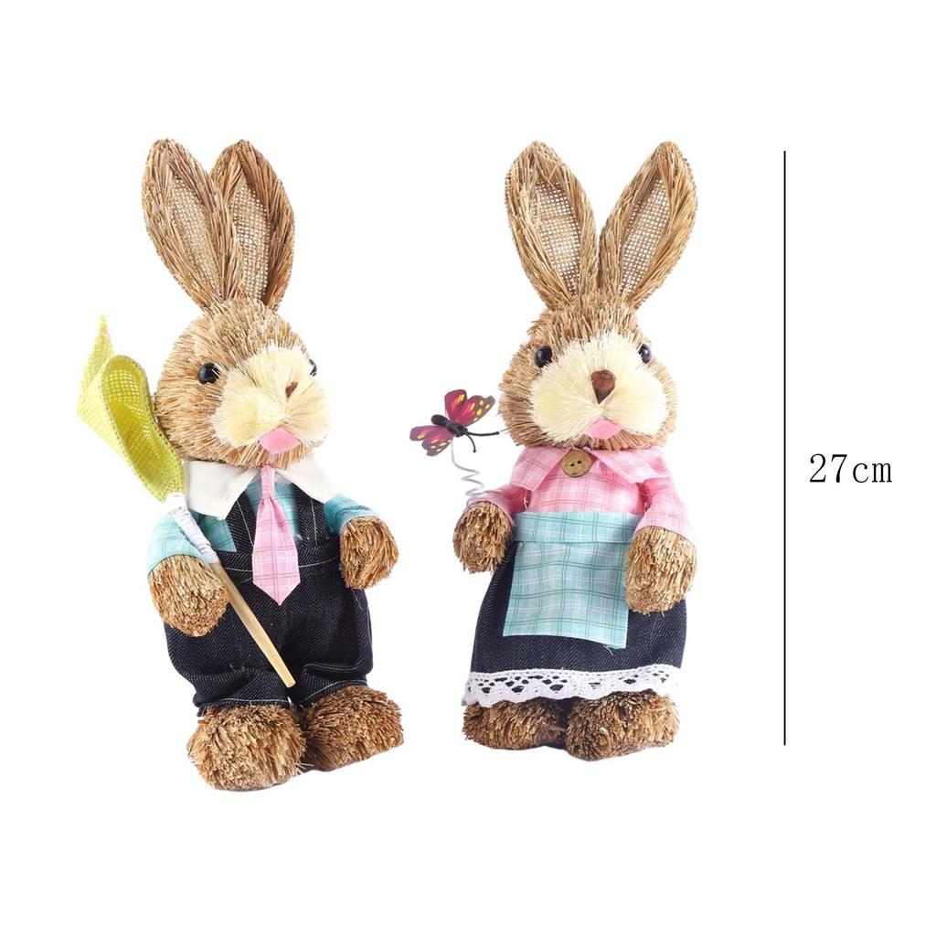2x Artificial Straw Rabbit Souvenir Bunny Figurine Easter Straw Bunny Ornaments for Easter Holiday Party Household Decoration