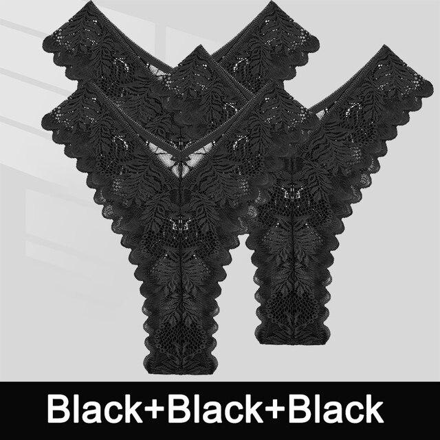 FINTOO 3PCS/Set Sexy V Waist Floral Lace Women Panties Perspective Underwear Thongs Brazilian Briefs Lingerie Comfort Female Underpants