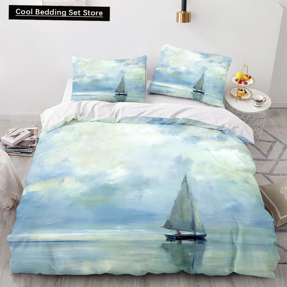 Vintage Sailboat King Queen Duvet Cover Nautical Ocean Bedding Set for Teens Adults Ship Fire Black 2/3pcs Polyester Quilt Cover