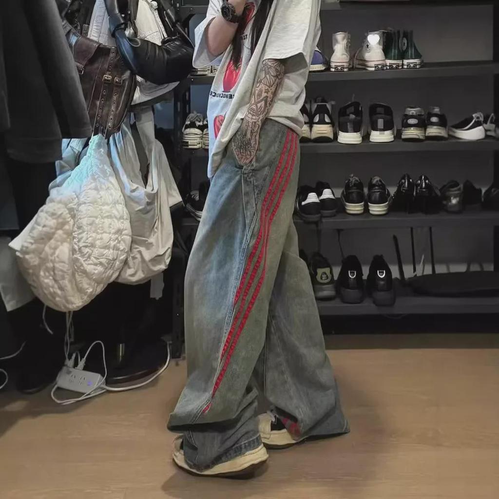 Джинсы унисекс с потертостями и полосками, коллекция весна 2024 г., свободный широкий крой