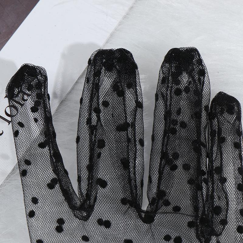 Кружевные короткие перчатки с рюшами и многослойной отделкой из тюля, полупрозрачная сетка, черный в горошек