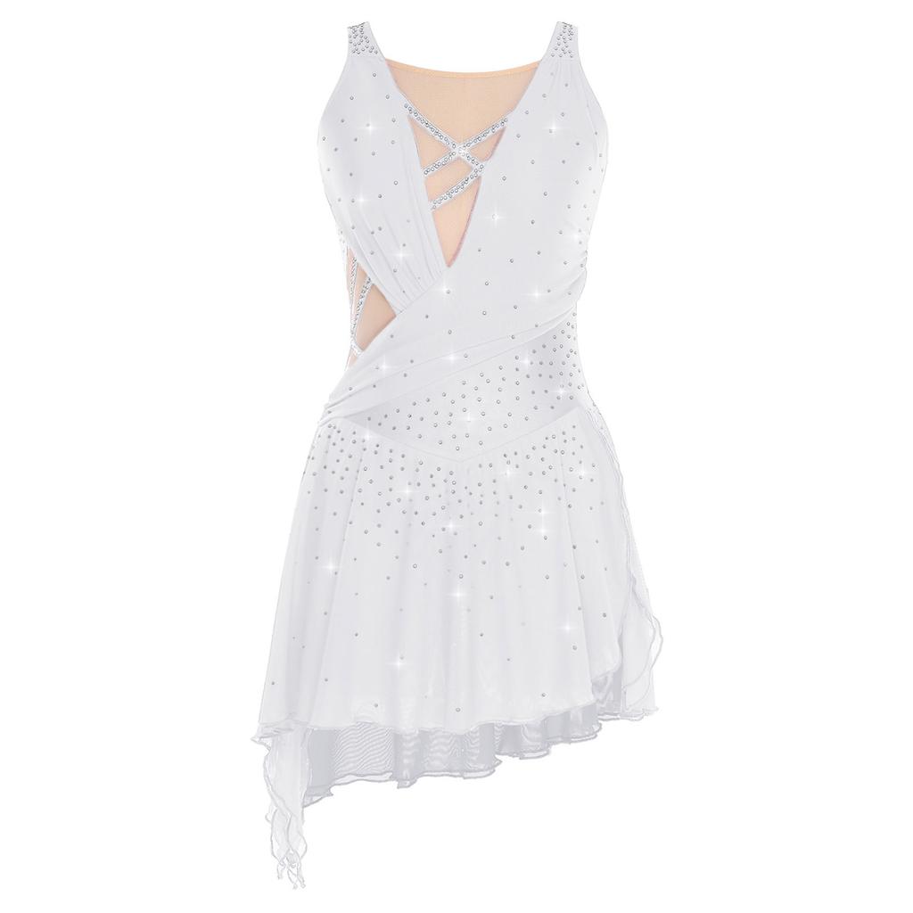 Women Dance Dress with Rhinestones Adorned Straps - Backless Side Slit Flowy Asymmetrical Hem Built-in Crotch Press Buttons for Stage Performance
