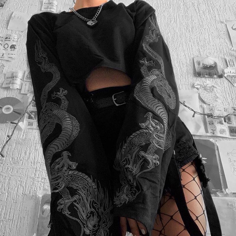 Women Dragon Print Long Sleeve Crop Top Loose Goth Style Cropped Sweatshirt Streetwear Casual Pullover