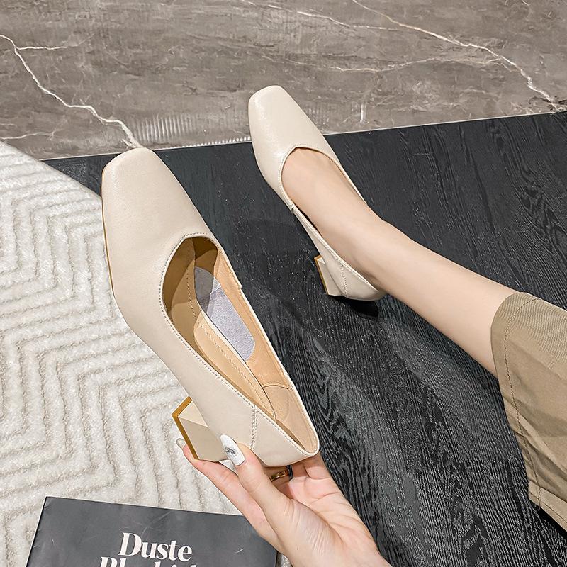 Весна 2024 года, новые женские туфли на толстом каблуке с квадратной головкой и неглубоким носком, средний каблук, одинарные туфли