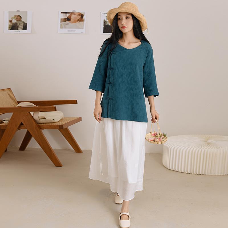 Wow, new Chinese women's clothing, spring and summer new retro tops, women's Chinese style button-up zen shirt, tea art clothes