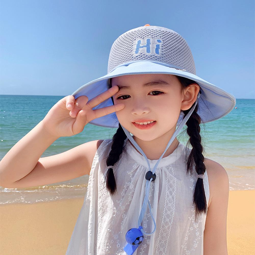 Kids Summer UV Protection Sun Hat Boys Girls Cartoon Mesh Breathable Wide Brim Fisherman Cap for Outdoor Shade