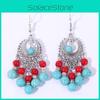Ethnic Simulation Turquoise Beaded Earrings With Silver Filigree For Summer Fashion