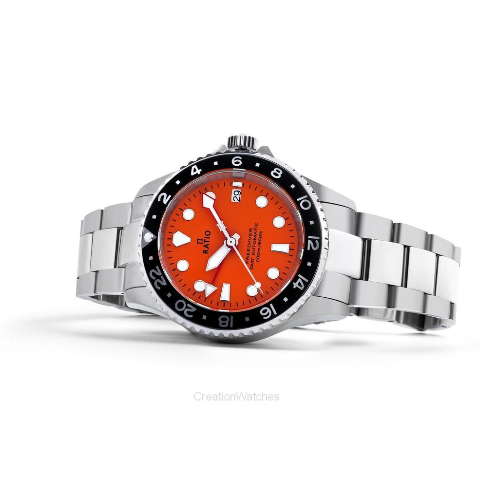 RATIO Мужские часы FreeDiver GMT Series с сапфировым стеклом из нержавеющей стали с оранжевым циферблатом RTF055 200M
