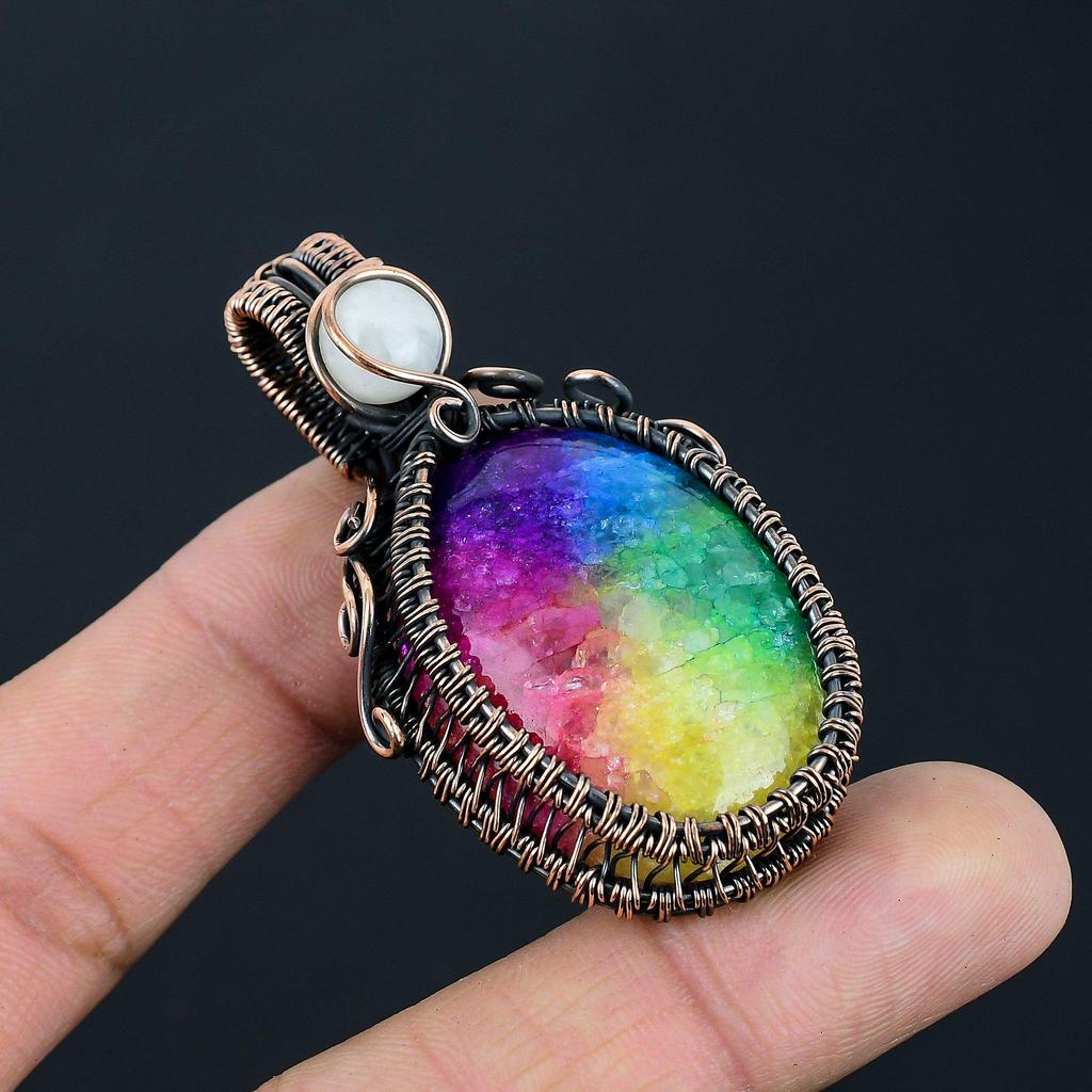 Радужный солнечный кварц и лунный камень, драгоценный камень, подвеска ручной работы из чистой медной проволоки для нее