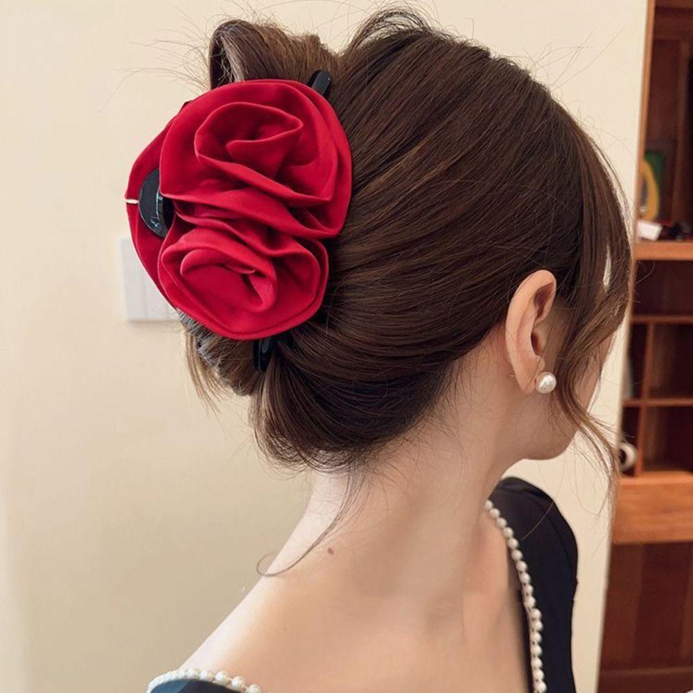 Korean Style Flower Hair Claw Hair Grab Clip Large Size Hair Claw Red Rose Hair Clip  Girls