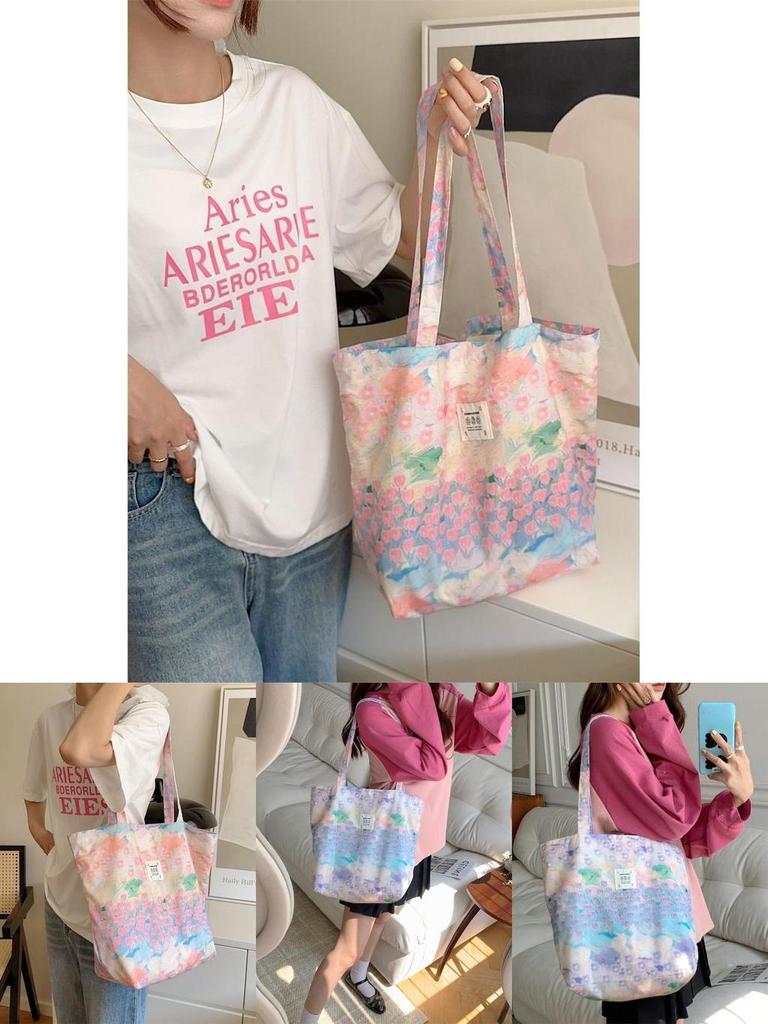 Pink Floral Canvas Tote Bag With Soft Cotton Material And Trendy Street Fashion