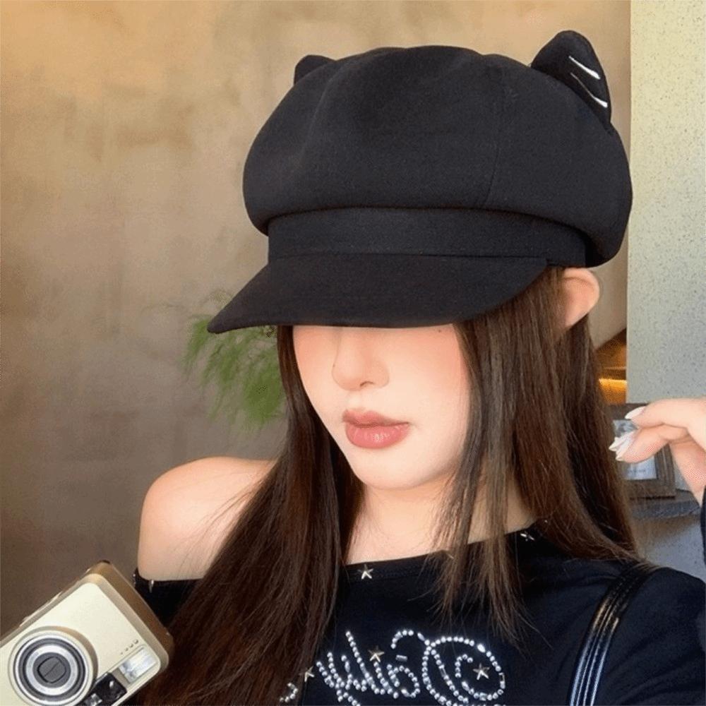 Woolen Cat Ear Hat Solid Color Octagonal Cap Retro British Beret Hat  Painter
