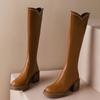 Кожаные толстые женские высокие сапоги, модные высокие каблуки, новый бренд, зимняя обувь 2025 года, трендовые высокие гладиаторские мотоциклетные ботинки до колена, женские