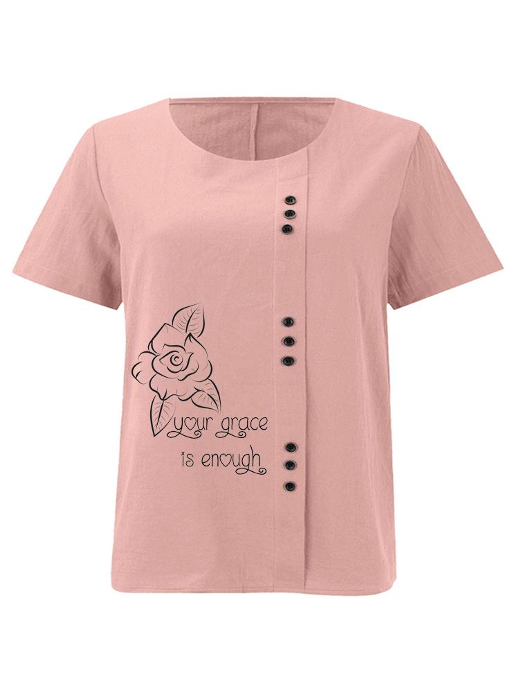 Women's Fashion Black Line Floral Letters Print Shot Sleeve T-shirt Loose Cotton Shirt Casual Loose Summer Blouse Tops Plus Size