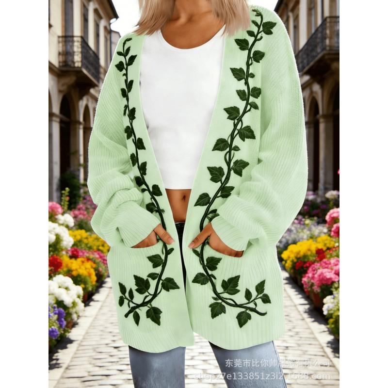 Womens Oversized Knit Cardigan With 3D Print Pocket Detail Loose Fit Long Sleeve Open Front Sweater