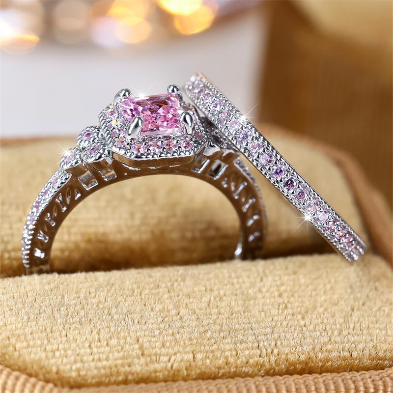 Модный серебристый цвет, набор колец с розовым камнем принцессы, роскошное обручальное кольцо с любовью, винтажный свадебный комплект ювелирных изделий