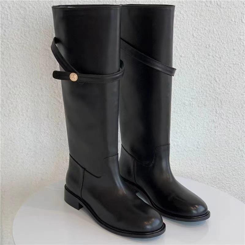 Cowhide Version Retro Small Gold Buckle Leather Platform Boots Women's Belt Buckle Thick Heel Knight Boots Tall Boots Long Boots