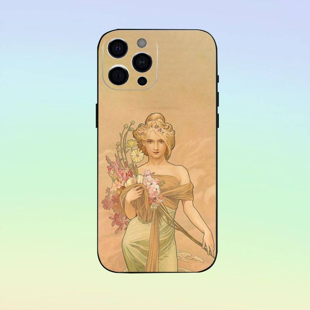Vintage A-Alphonse Mucha Phone Case For iPhone 17, 16,15,14,13,12,11, Others Soft Silicone Black Cover