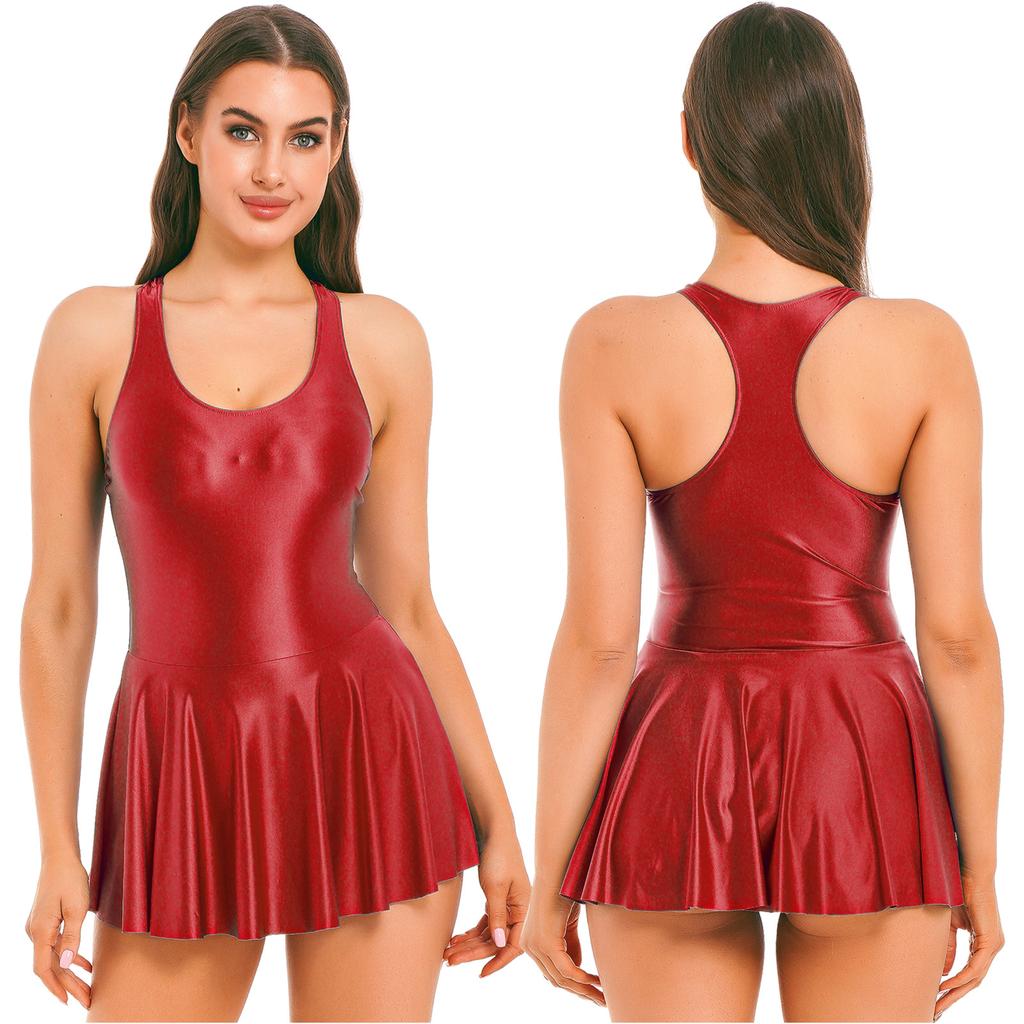 Женское глянцевое платье-майка без рукавов с высокой талией, купальники для спорта