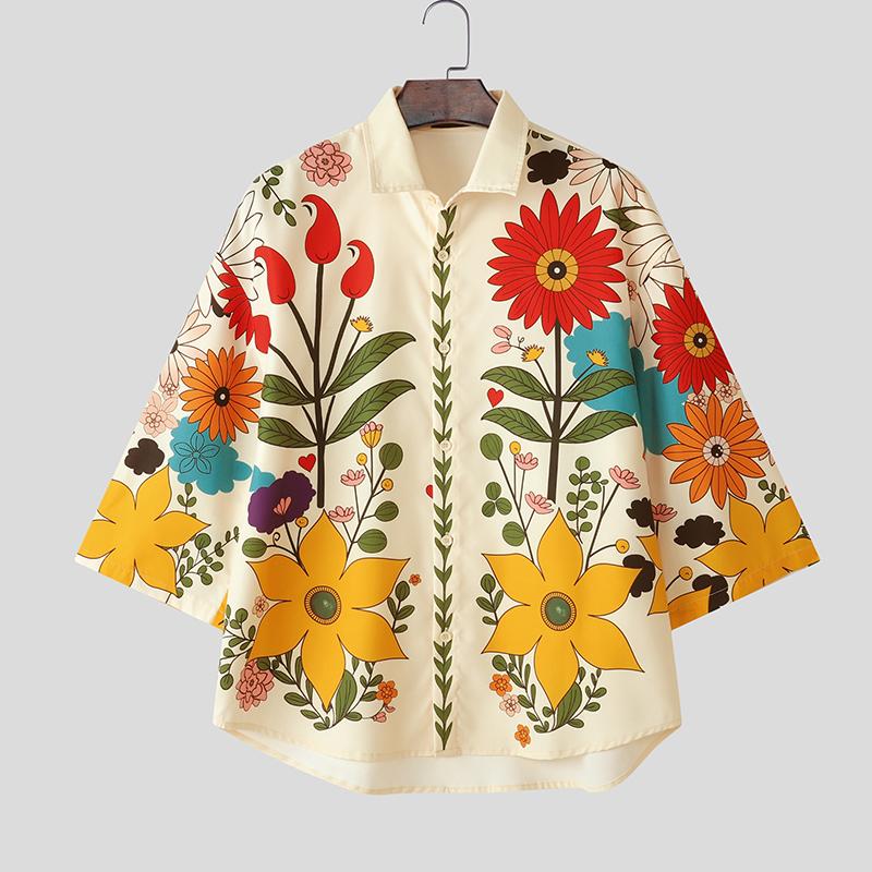 INCERUN Рубашки свободного покроя для мужчин с воротником-лацканами, рукавом 3/4, пуговицами, цветочным принтом, для отдыха