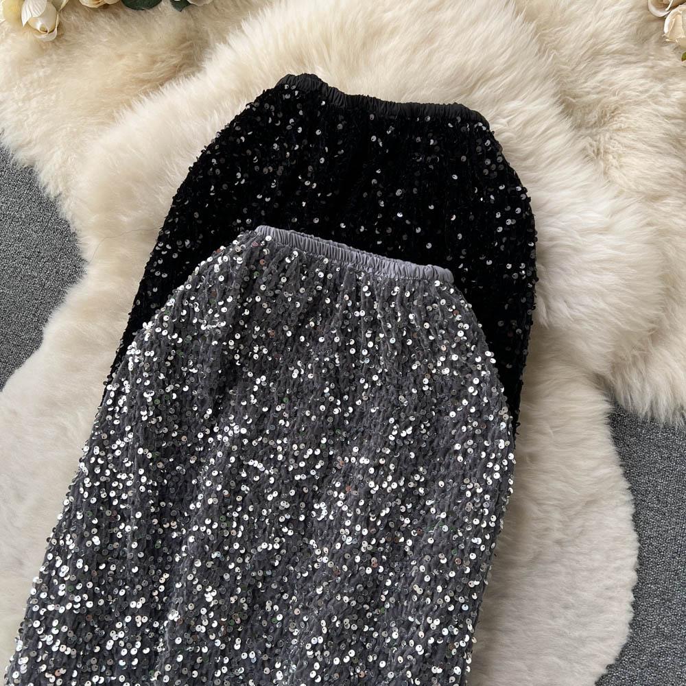 Высококачественная нишевая юбка с высокой талией и блестками, женская осенняя сумка средней длины во французском стиле ретро, ​​платье на бедрах